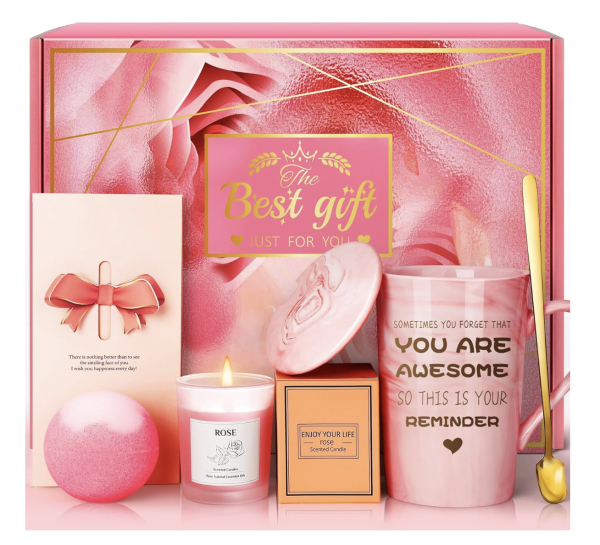 Gifts for Women, Mom, Wife, Girlfriend, Sister, Daughter, Grandma: Mothers Day Gifts, Happy Birthday, Christmas, Valentines Day, Pink Rose Spa Baskets Set